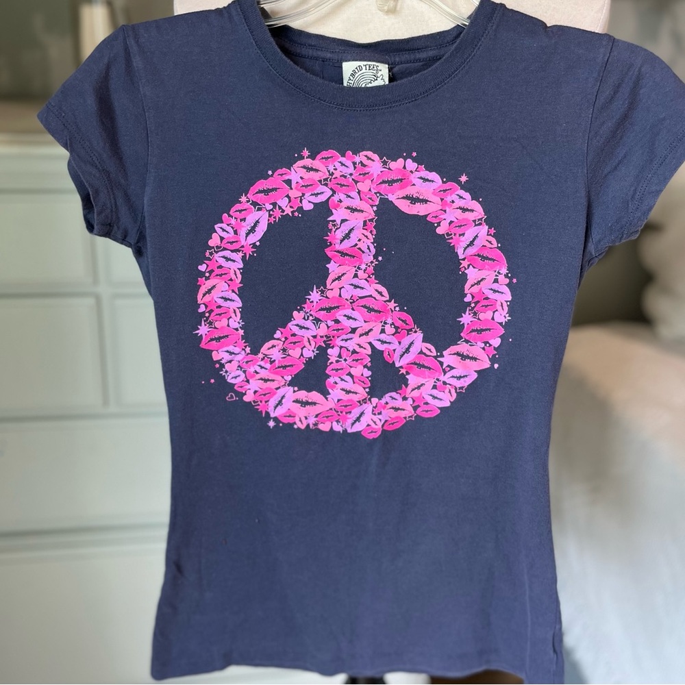 Hybrid Tees Peace Sign Girls Large Cotton Blue Short Sleeves